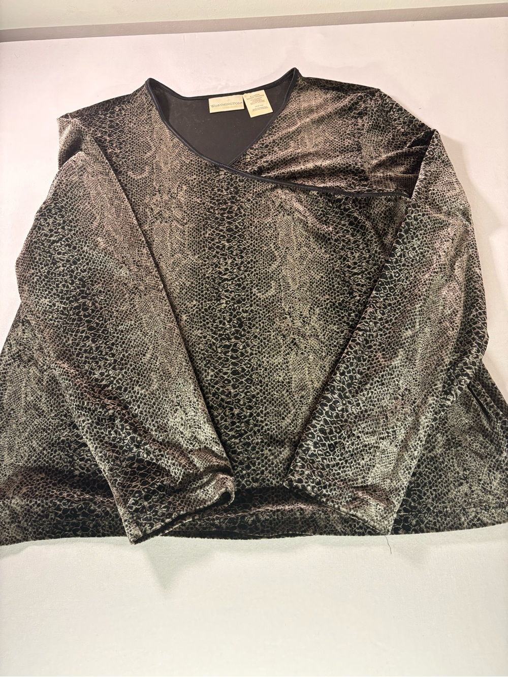 Worthington Black Velvet Animal-Pattern Long Sleeve Top